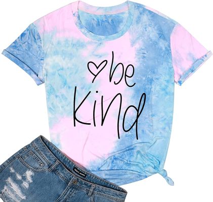 Womens Be Kind T Shirt Summer Letter Print Short Sleeve Loose Tops  Inspirational Graphic Tees (S, Blue Pink) At Amazon Women'S Clothing Store