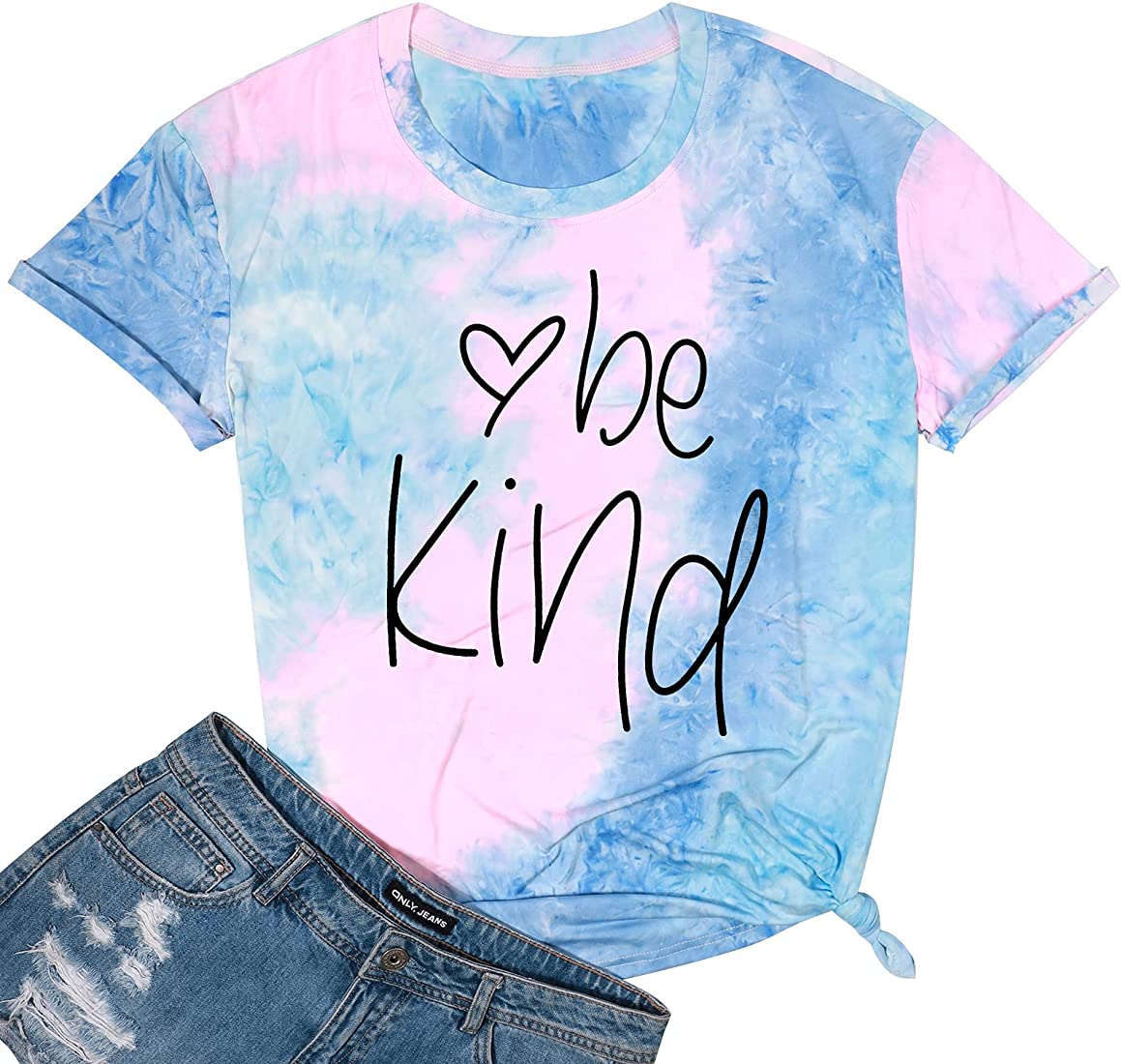 Womens Be Kind T Shirt Summer Letter Print Short Sleeve Loose Tops  Inspirational Graphic Tees (S, Blue Pink) At Amazon Women'S Clothing Store