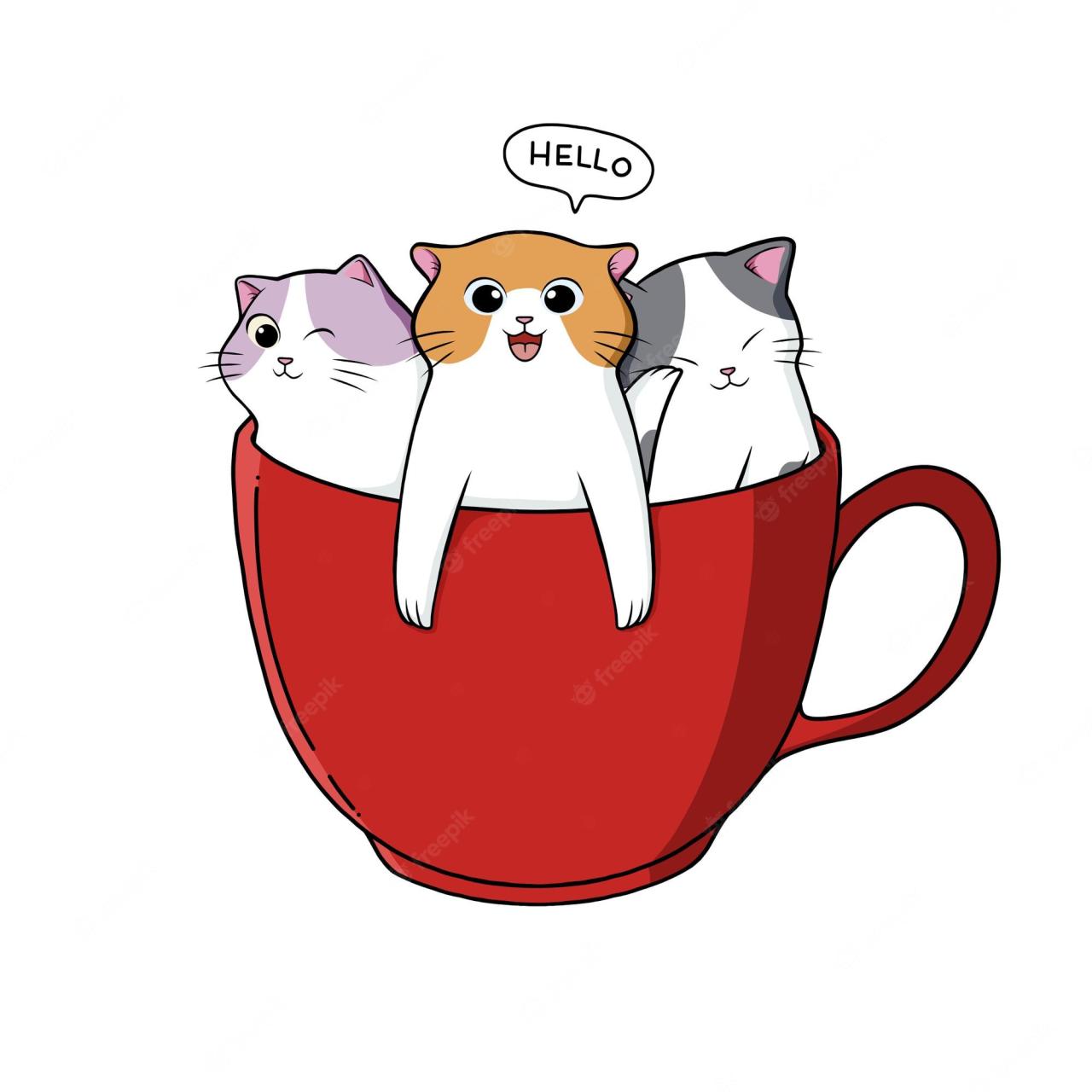 Premium Vector | Hand Draw Cute Cats In Cup Of Tea